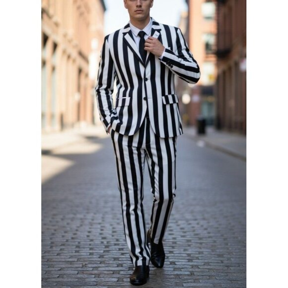Black & White Striped Suit XXL With Shirt & Tie Two-Piece Set Button-Up Jacket E - Picture 1 of 11